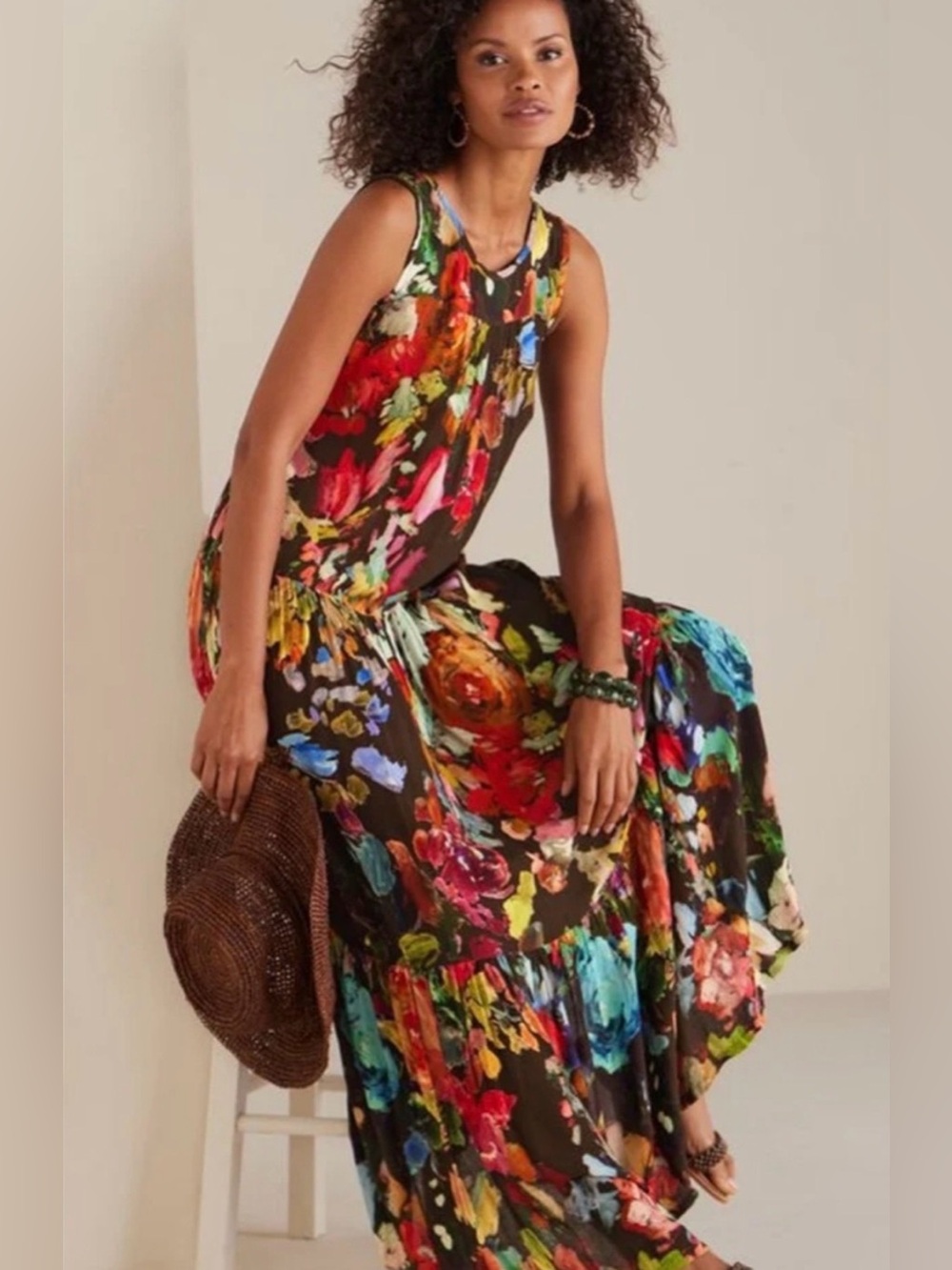 Soft Surroundings Sleeveless Tiered MaxiDress  Vibrant FloralPrint  Sz L